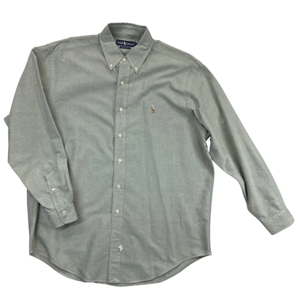 Ralph Lauren Shirt Mens 16-34 Green Cotton Oxford Button-down‎ LS Pony Logo